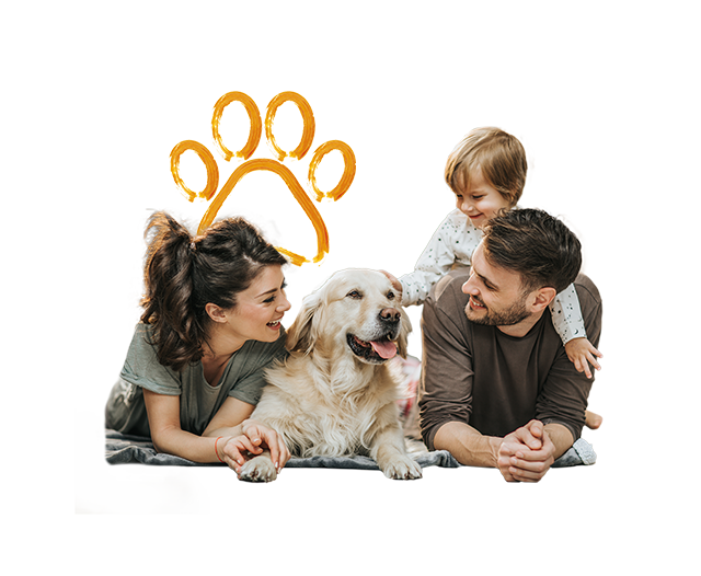 Casal com filho e cão a sorrir